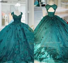 Lentejuelas verde azulado con cuentas Quinceañera Vestidos de baile Flores 3D Gorro con mangas Desfile Princesa Vestidos de gala Tallas grandes Sweet Girl 16 Ocasión formal Vestidos de noche CL2310