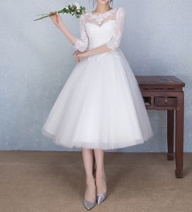 Thé longueur robe de mariée courte robe de bal pas cher dentelle trois quarts manches fermeture éclair dos robes de mariée grande taille