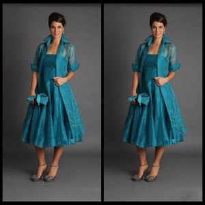 Groenblauw organza moeder van bruid thee lengte trouwjurken met lange jas elegante vrouwen formele lange feestjurken 2019