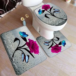 Baignoire rose turoise Blue Rose Flowerfly Grey Rustic Board Board Creative Retro Retro Bathroom Decor Toilet Cover Set Floor