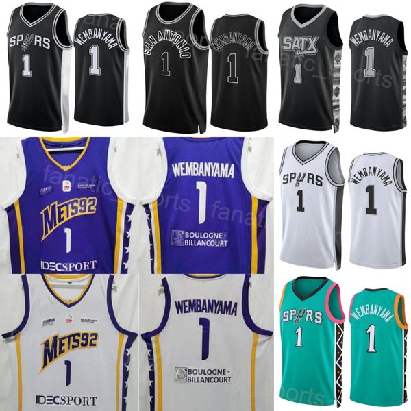 Équipe 1 Victor Wembanyama Maillots de basket Français Boulogne Metropolitans 92 Mets92 Pour les fans de sport Chemise College 2023 Draft Pick Couleur Violet Blanc Pur coton