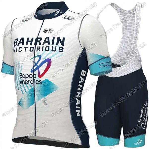 Team Bahreain Victorious Cycling Jersey Set White Summer Clothing Men Kit Road Bike Shirt Suit Bicycle Bib Shorts 240506