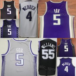 Teambasketbal DeAaron Fox Jersey 5 Man City Earned Jason Williams 55 Chris Webber 4 Vintage Retro Volledig gestikt Klassiek icoon Overhemd van puur katoen Topkwaliteit in de uitverkoop