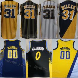 Teambasketbal Tyrese Haliburton Jersey 0 Man City Verdiend Bennedict Mathurin 00 Reggie Miller 31 Retro Vintage Alles gestikt Zwart Marineblauw Wit Geel Goed/Top