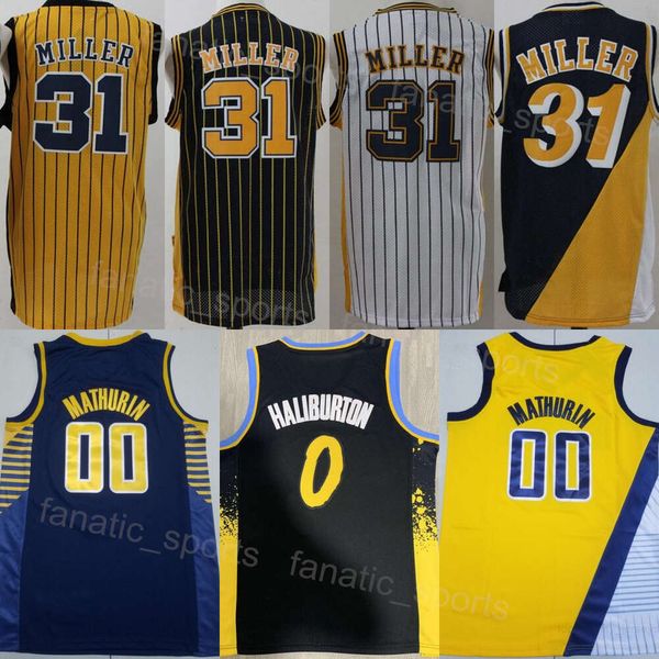 Team Basketball Tyrese Haliburton Jerseys 0 Man City gagné Bennedict Mathurin 00 Reggie Miller 31 Rétro Vintage Tout Cousu Noir Bleu Marine Blanc Jaune Bon / Haut