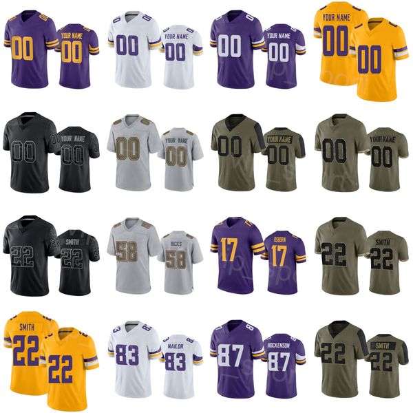 Equipo de fútbol 22 Harrison Smith Jersey 24 Camryn Bynum 83 Jalen Nailor 17 KJ Osborn 87 TJ Hockenson 58 Hicks 8 Kirk Couss Púrpura Blanca Blanca On Men Kids Mujeres