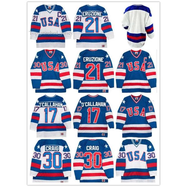 Equipe Jerseys 30 Jim Craig 21 Mike Eruzione 17 Jack O'callahan 1980 Ano Milagre EUA Vintage Hóquei Jersey Branco Azul S-3XL 4183