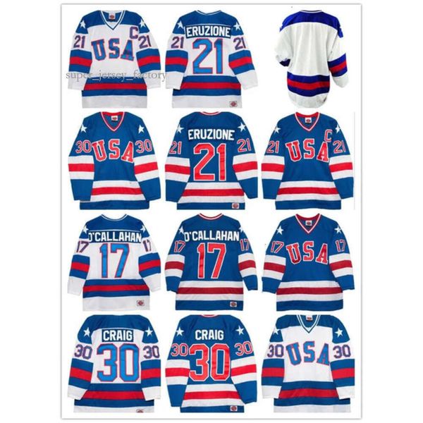 Camisetas del equipo 30 Jim Craig 21 Mike Eruzione 17 Jack O'callahan 1980 Año Miracle USA Vintage Hockey Jersey Blanco Azul S-3XL 5812 3554