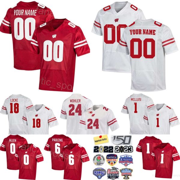 Équipe de football universitaire des Wisconsin Badgers Jersey College 8 Tanner Mordecai 18 Braedyn Locke 0 Braelon Allen 1 Chez Mellusi 6 Will Pauling 24 Hunter Wohler Personnalisé