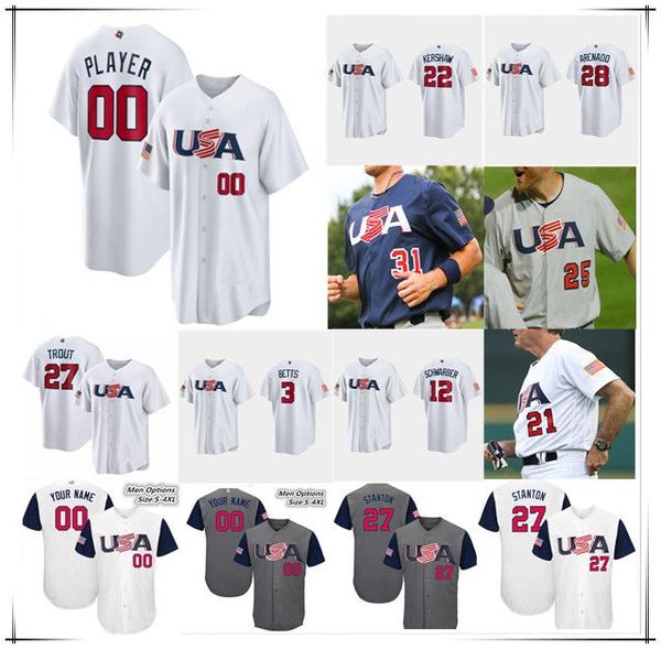 Equipo de EE. UU. 2023 Jerseys de béisbol de WBC Mike Trout Nolan Arenado Pete Alonso Kyle Schwarber Tim Anderson Mookie Betts Clayton Kershaw Trea