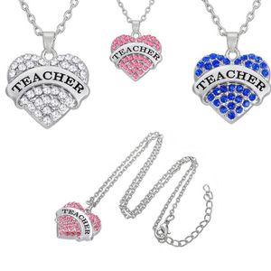 Teamer Clear Blue Pink Crystal Heart gegraveerde leraar hanger ketting met linkketen mode -sieraden voor lerarendag cadeau234H