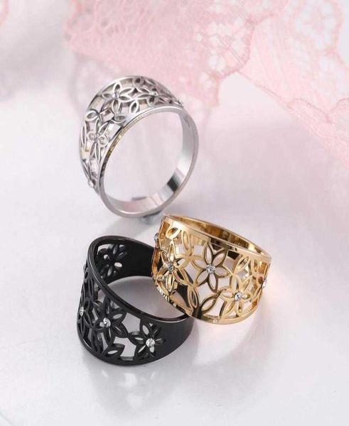 Teamer femmes élégant fleur Zircon bague en acier inoxydable noir décontracté bagues de fiançailles bijoux cadeau pour ami amant Q07084244935