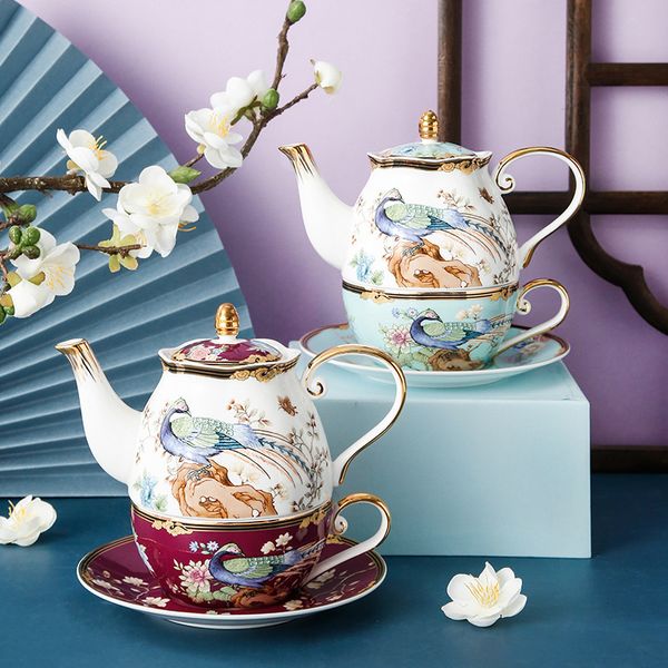 Théières Théière en céramique de luxe légère britannique théière parfumée de l'après-midi avec fleur et oiseau soucoupe à tasse unique coffret cadeau personnalisé 230901