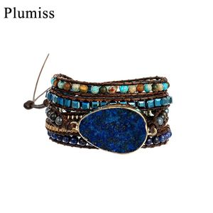 Tennis Teardrop Lapis Lazuli Lederen Wrap Armbanden voor Dames Boho Crystal Natural Stone Beaded Armband met roestvrijstalen ketting