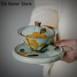 Teaware 100ml Boutique Bornéol Glaze en céramique Thé Tureen Pure à la main Loquat Art Sancai Bowl Colle Maker Gaiwan Kung Fu Teaset