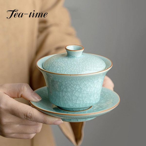 Teaware-sopera de té de cerámica Retro Ru Kiln, 180ml, glaseado de flores de hielo, tazón de té Sancai que puede elevar la pieza abierta, juego de té Gaiwan Kung Fu