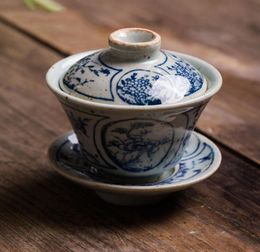 Teaware 1 stcs Vintage kleine blauwe en witte Gaiwan Chinees oude glazuur Jingdezhen Teapot Bowl voor gevarieerde thee porselein drinkware