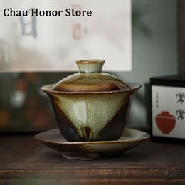 TEAEWARE 200 ml Handgemaakte Woodfired keramische thee Tureen retro grove aardewerk thee -maker Gaiwan met deksel huishouden Single Kung Fu Teeware Set