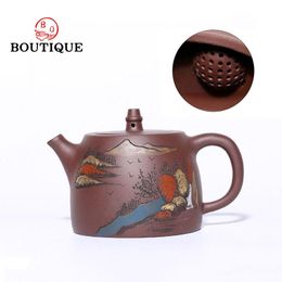 Teaware 450 ml Chinees Yixing Tea Pot Purple Clay Handuo Teapot Raw Ore Beauty Oolong Tea Kettle Handmade Landschap Art Teaware Authentiek