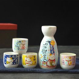 Theeservies 5-delige wijnset Japanse Maneki Neko keramische sake-set (1 TOKKURI-fles 200 ml en 4 OCHOKO-beker) Lucky Cat-drinkgerei