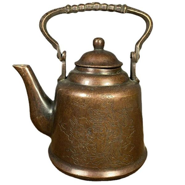 Teaware Tetera china hecha a mano, hervidor de agua caliente, té, vino de cobre, juego de vino antiguo, hervidor antiguo, adornos decorativos Retro, regalo