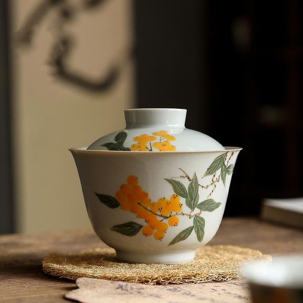 Service à thé Loquat Gaiwan peint à la main, pour soupière à thé avec couvercle, service à thé Kung Fu, ensemble de cérémonie de thé, tasses à café, bols à thé, Chawan chinois