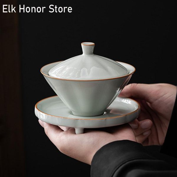 Service à thé en porcelaine Ru de Style japonais, glaçage Gaiwan, tasse unique, soupière faite à la main, accessoires de service à thé Kung Fu, cadeaux personnalisés