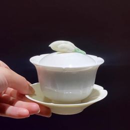 Service à thé Magnolia en céramique Gaiwan avec couvercle, tasse à thé, Kung Fu chinois, service à thé en porcelaine blanche, bol à thé fait à la main, tasse à thé en fleur, blanc Gaiwan