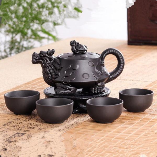 TeaWare Oryginalny Yixing Dragon Zestaw Z Imbrykiem S 5 Sztuk Ceramiczna Purpurowa Glina Zestaw do Herbaty Kung Fu 1 Czajniczek + 4 Kubki