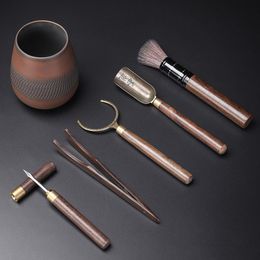 Service à thé en poterie violette, cérémonie du thé, six articles, service à thé Kung Fu, pince à thé, cuillère à thé, théière, stylo de nettoyage, porte-gobelet, accessoires en bois noir