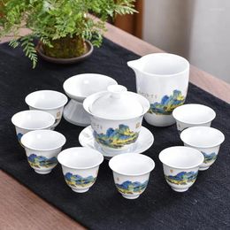 Juego de té de porcelana blanca de 11 piezas, juego de té para el hogar, sala de estar, tazas de cerámica Gaiwan de lujo ligeras chinas, bonito