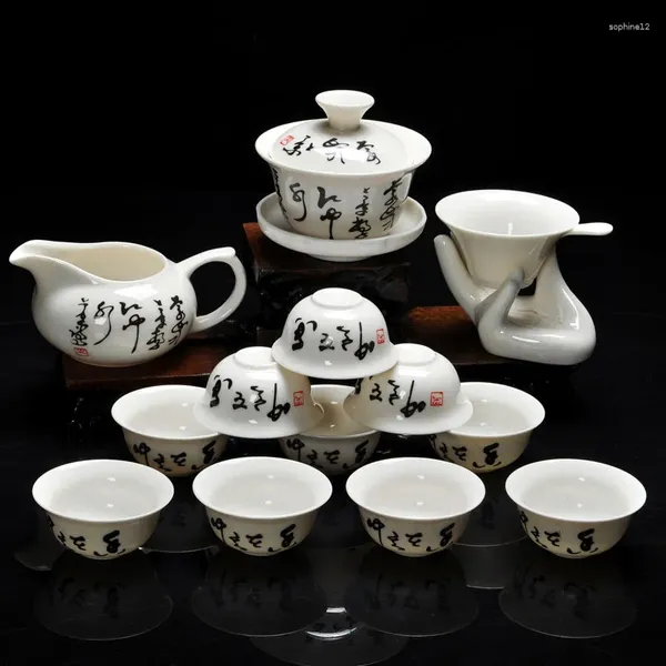 Service à thé 14 pièces, service à thé à motif chinois, comprenant 10 tasses et théière en céramique émaillée blanche, Dragon en porcelaine