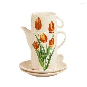 Ensembles de service à thé 1pot 2 tasses à thé, ensemble de soucoupes à fleurs rétro britanniques, théière avec tasses en porcelaine, décoration de bureau résistante à la chaleur