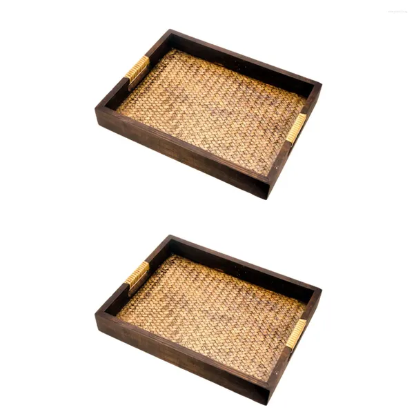 Juegos de té 2 piezas Bandeja de mango plano retro Contenedor de almacenamiento de tiras de bambú Aceite esencial