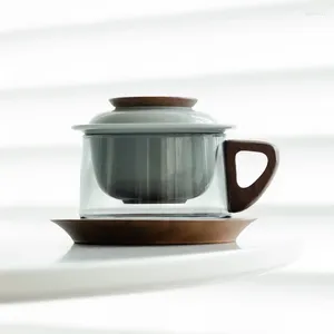 Services à thé Tasse à thé en verre exquis de luxe de 200ML avec filtre en céramique et soucoupe à poignée en bois tasses à thé de bureau tasse infusée de fruits de fleurs