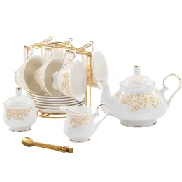 Teaware-sets 22-stuks porseleinen thee-kopjes schotel service voor 6 theepot suiker kom Creamer Pitcher Golden Metal Rack Vines Flowers Flowers
