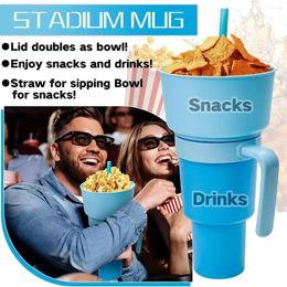 Teaware -sets 2in1 Snack Bowl Drinkbeker met strostadion tumbler waterfles splashbestendige lekkendichte draagbare volwassenen kinderen bioscooptrip