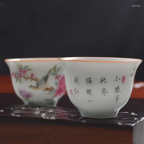 Juegos de utensilios de té 4 unids/lote Jingdezhen Pastel taza de té de cerámica tecnología tradicional pintado a mano flores y pájaros tazón de té juego de tazas maestras