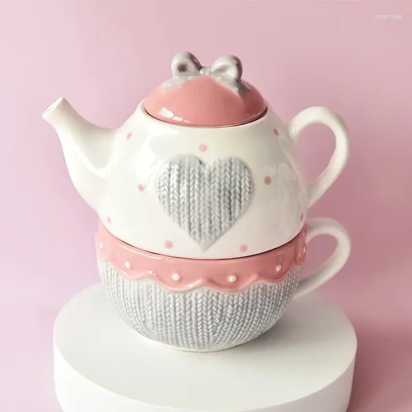 Juegos de té de cerámica de 400ml para un juego, taza de tetera con lazo Kawaii, taza de café tejida de lana rosa, apta para microondas