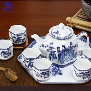 Ensembles de voies de thé 8 pièces en porcelaine bleu et blanc ensemble Tangshan Glaze en céramique avec plaque à thé dans la chambre ouest