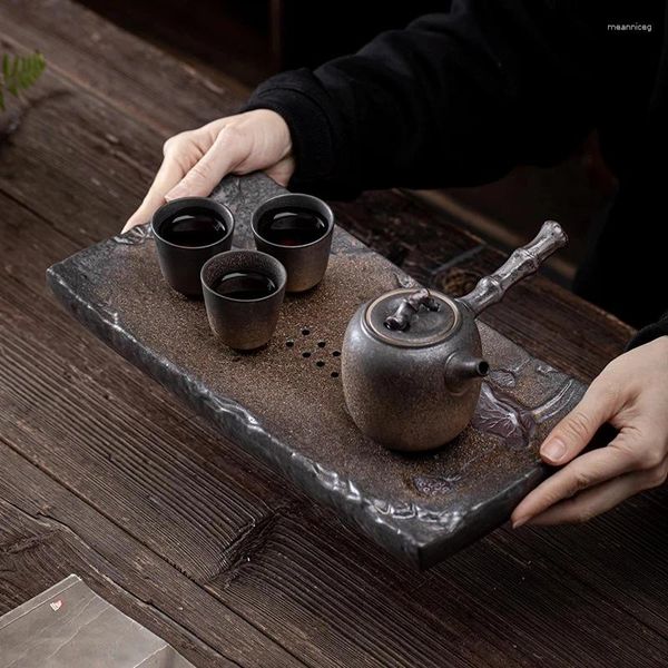 Juegos de té Ailian Said, bandeja de té seca, mesa de almacenamiento de agua rectangular pequeña japonesa, cerámica dorada para el hogar