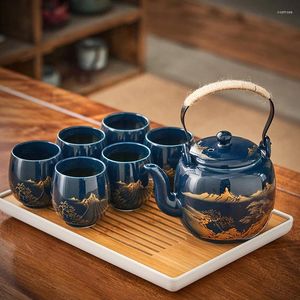 Ensembles de voiles de thé Ensemble de thé chinois en vitrage noir en bambou et plateau en bois maison rétro table basse de bureau théic de thé céramique