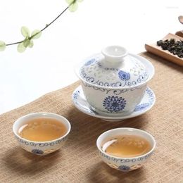 Service à thé en céramique Gaiwan en porcelaine bleue et blanche, comprenant 1 théière et 2 tasses, bouilloire créative pour bureau