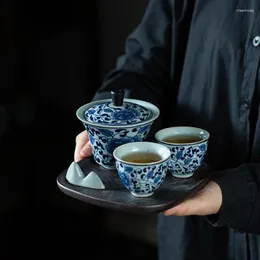 Service à thé bleu et blanc, costume 1 soupière 2 tasses à thé, bureau Simple, en porcelaine sèche, Mini Gaiwan chinois