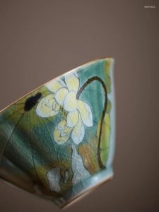 Ensembles de thé Borneol Glaze peint à la main vert trois bol de couverture tasse à thé en céramique pièces ouvertes de chapeau de bambou unique service à thé