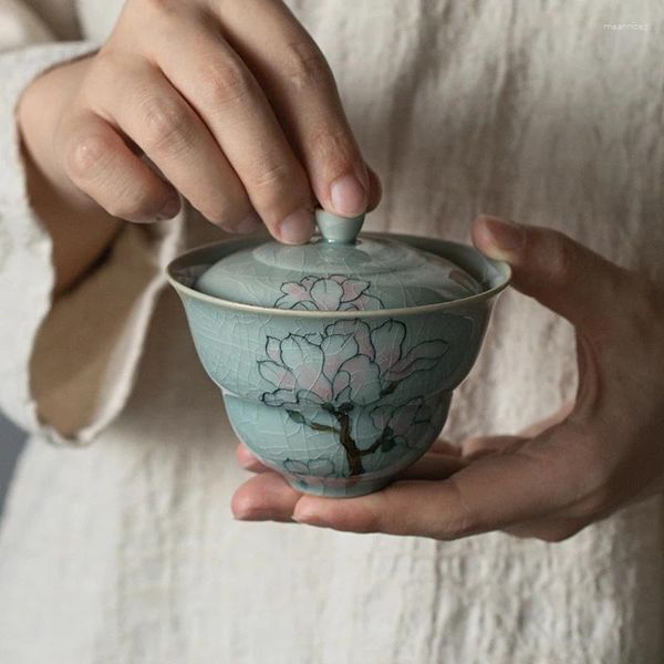 Juegos de té Borneol Glaze Tazón cubierto de magnolia pintado a mano La taza de té se puede elevar pieza abierta china con cubierta para evitar la cerámica