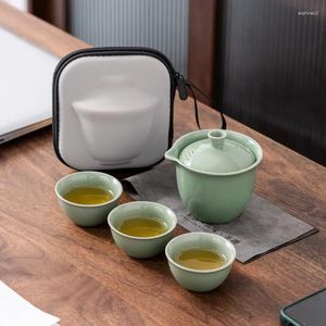 Juegos de té de té Celadon Ge One One Pot Tres Crack Cup Regalo chino Regalos portátiles de viaje de viaje al aire libre Tapot Tapot