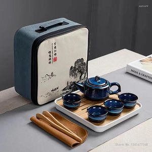 Teaware -sets keramisch blauw glazuur theepot een pot vier kopjes theebus buitentas tas reis cup draagbare teaset Chinese stijl