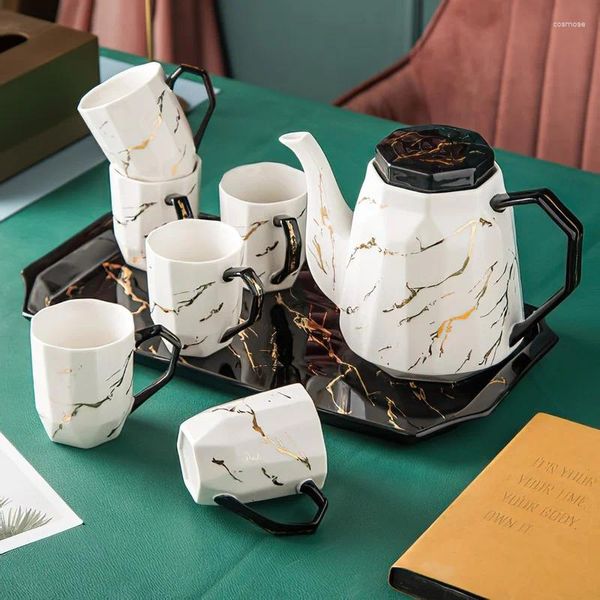 Juegos de té Taza de té de café de cerámica, bandeja de olla con patrón dorado de mármol nórdico, artículos de agua, decoración de Bar, suministros de cocina para el hogar, vajilla