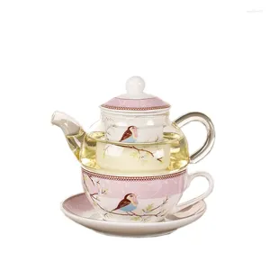 Teaware sets keramische bloem theepot vogel cup-schotel hittebestendige glazen pot set koffie afternoon tea roze